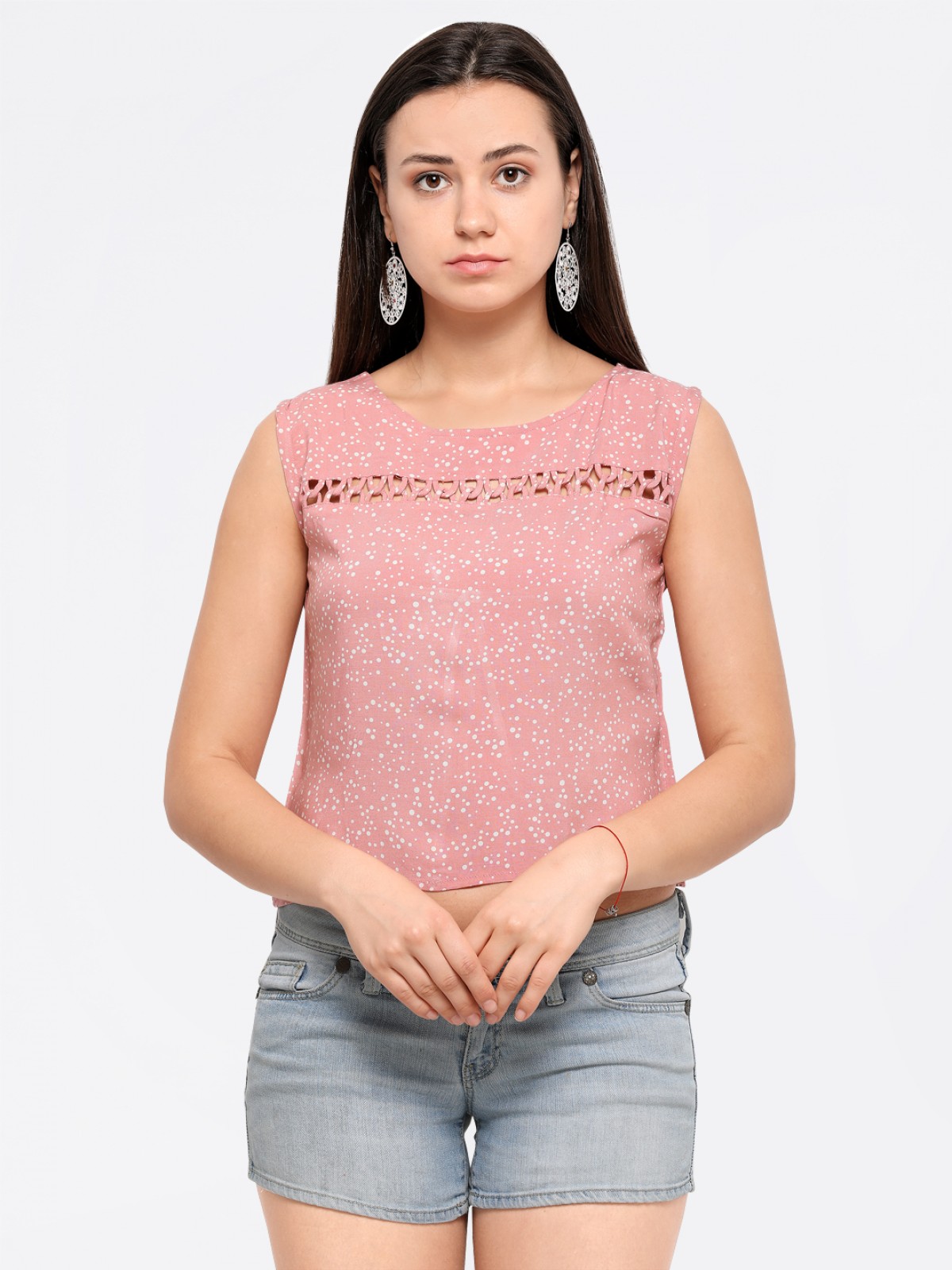 Pink White Polkadot Chained Crop Top